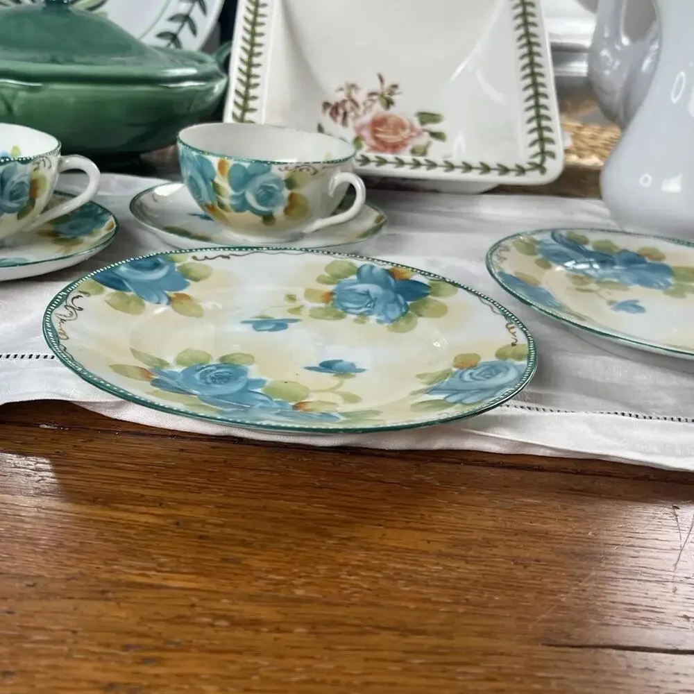 Plate Handpainted‎ Made In Japan Teal Aqua & Hand Dotted Rim Exquisite 7”